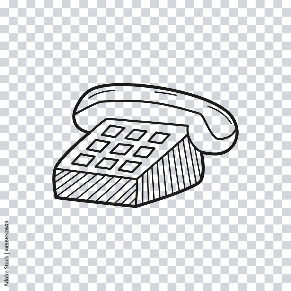Hand drawn landline phone isolated on transparent background. Sketch of vintage telephone. Vector illustration.