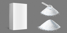 Washing Powder Piles With Measuring Scoop And White Box Isolated On Transparent Background. Vector Realistic Set Of White Detergent Heaps With Blue Particles And Blank Cardboard Pack