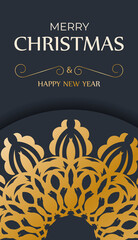 Merry christmas and happy new year flyer in dark blue color with vintage gold ornament