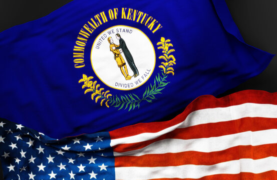 Flag of Kentucky along with a flag of the United States of America as a symbol of unity between them, 3d illustration