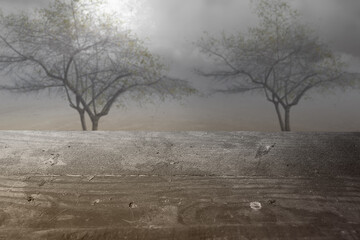 Poster - Wooden table with a full moon with dark cloudscapes on the night