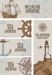 Set of vector banners on the theme of sea adventure with a hand-drawn lighthouse, old sailing ship, steering wheel, anchor, wind rose, compass and inscriptions in retro style.