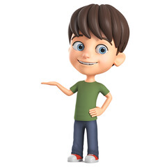 Wall Mural - Cheerful cartoon character of a little boy in a green T-shirt shows an empty palm on a white background. 3D rendering. Children's illustration.