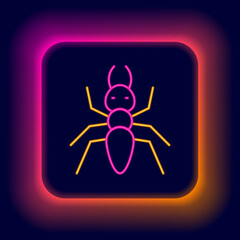 Poster - Glowing neon line Ant icon isolated on black background. Colorful outline concept. Vector