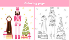 Christmas coloring page with cute nutcracker character and xmas tree with gift boxes in cartoon childish style