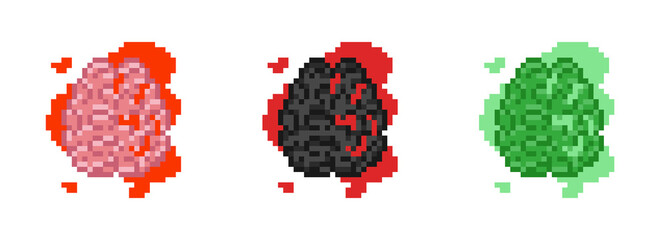 Fototapeta pixel art bloody brain set. splatter pixel brains and pool of blood collection. decorative vector icons for halloween and gamer design. pixel brains flesh set.
