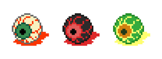 Canvas Print - Pixel art bloody eye set. Torn out eye in retro 8 bit pixel style illustration for halloween decoration. Vector creepy pixel art eye with pool of red blood. White, black and green colors
