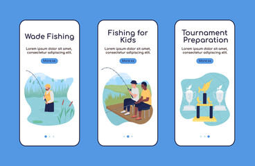 Wall Mural - camping trip with fishing onboarding mobile app screen flat vector template. walkthrough website 3 s