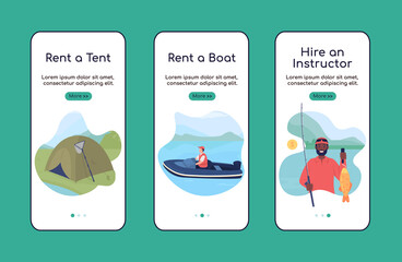 Wall Mural - learning to fish onboarding mobile app screen flat vector template. hobby activity. walkthrough webs