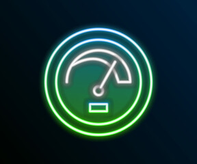 Poster - Glowing neon line Speedometer icon isolated on black background. Colorful outline concept. Vector