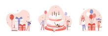 Birthday Celebration Scenes. People Celebrating Near Birthday Cake, Holding Balloons, Preparing Gift Boxes. Happy Birthday Concept. Flat Cartoon Vector Illustration And Icons Set Isolated.
