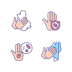 Sticker - Infection prevention RGB color icons set. Wiping off dirt and germs. Dry hands with towel. Microbes protection. Unwashed hands. Isolated vector illustrations. Simple filled line drawings collection