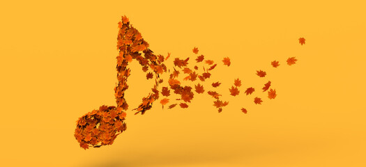 Musical note decomposing into autumn leaves. Copy space. 3D illustration.