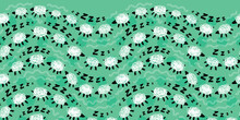 Vector Green Sheep Zzz Counting Wavy Stripes Cute Doodles Horizontal Border Pattern. Suitable For Posters And Graphic Design Projects.