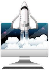 Wall Mural - Computer monitor with spaceship on white background