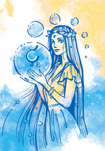 A Young Woman Holds The Astrological Sign Mercury Retrograde In Her Hands. Outline Sketch Drawing On A Watercolor Abstract Background.