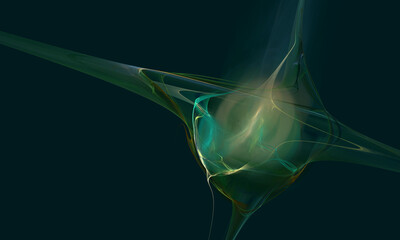 Wall Mural - Artistic 3d digital illustration of floating or fluttering fluid substance in blue green neon light in deep dark space. Great as technology or sci fi concept, background, cover or element of design.