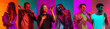 © Lustre Art Group  - Collage of portraits of an ethnically diverse people singing in microphone isolated over multicolored background.
