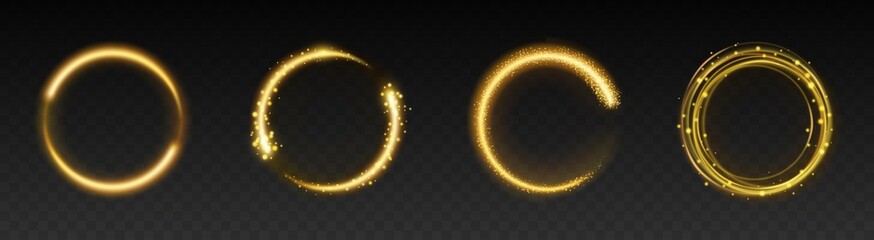 Set of glowing sparkles golden rings. Gold circles frames with glitter light effect isolated