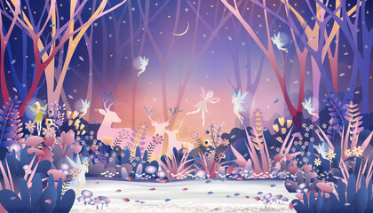 Fantasy cute little fairies flying and playing with reindeers family in magic forest at Christmas night,Vector illustration landscape of Winter wonderland.Fairytale background for bed time story cover