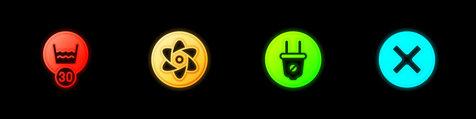 Sticker - Set Temperature wash, Test tube and flask, Electric plug and X Mark, Cross in circle icon. Vector