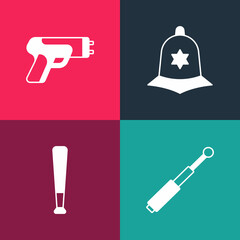 Wall Mural - Set pop art Telescopic baton, Baseball, British police helmet and Police electric shocker icon. Vector