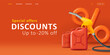Sale discpunt web banner with 3d tender illustration of big percent symbol with oil cans and gas gun, for gass station
