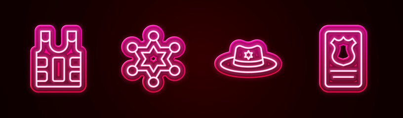 Poster - Set line Bulletproof vest, Hexagram sheriff, Sheriff hat with badge and Police id case. Glowing neon icon. Vector