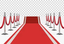 Red Carpet On Stairs With Red Ropes On Silver Stanchions