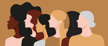 Women Of Different Races And Age Standing Together. Profile Silhouettes Of Female Characters With Various Skin Colors And Hair Styles. Minimal Flat Style Illustration. Feminism Movement Concept