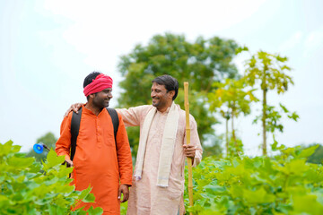 Wall Mural - Two indian farmers working and discuss at green cotton field.