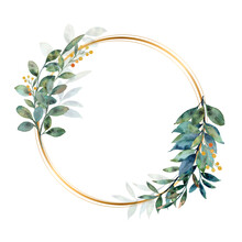 Watercolor Green Leaves Wreath With Gold Circle