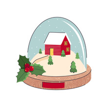 Christmas Snow Glass Ball With House And Christmas Trees. Flat Design. Vector Illustration. Snow Globe And Snow Village On The Hill, Falling Snow, Blue Background. Vector Illustration