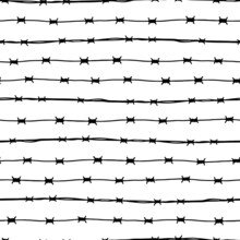 Black Thin Ink Barbed Wire Isolated On White Background. Monochrome Striped Seamless Pattern. Horizontal View. Vector Simple Flat Graphic Hand Drawn Illustration. Texture.