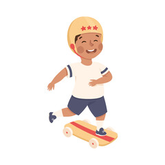 Sticker - Cute Little Boy in Helmet Skateboarding Practicing Sport and Physical Activity Vector Illustration