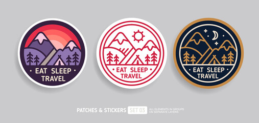 Eat sleep travel - camping badge or patch design. Mountains and camping tent in a pine forest. Minimalistic vector design