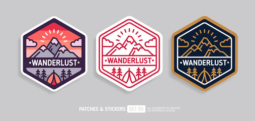 wanderlust travel badge or camping patch and sticker design. vector illustration. hiking and climbin