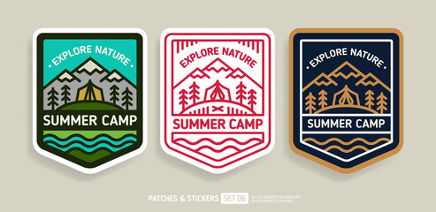 summer camp badge or patch logo emblem design - vector illustration. travel camping and hiking path 