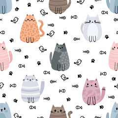 Wall Mural - Seamless pattern with cute cats and kittens. Doodle characters. Design for printing