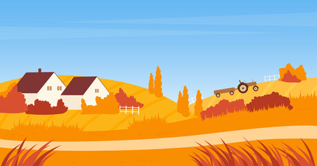 Wall Mural - Autumn landscape with farm house, road and tractor on agriculture field vector illustration. Cartoon village countryside scene, yellow grass meadow and wheat fields with working agricultural machinery