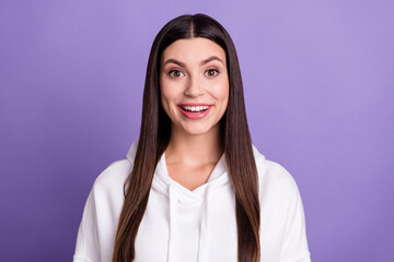 Wall Mural - Photo of happy joyful amazed excited woman good mood smile news reaction face isolated on violet color background