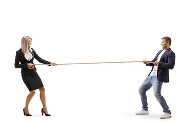 Poster - Full length profile shot of a businesswoman and a casual man pulling a rope