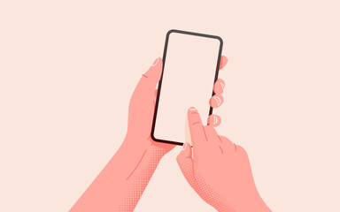 Holding phone in two hands. Empty screen, phone mockup. Editable smartphone template on isolated background.
