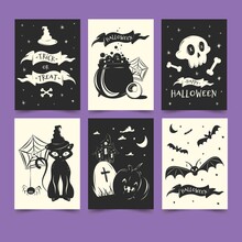 Flat Halloween Card Collection Black White Vector Design Illustration