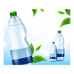 Poster - Water For Children Creative Promo Poster Vector. Blank Water Bottle For Kids And Natural Green Leaves On Advertising Banner. Refreshing Beverage Style Concept Template Illustration