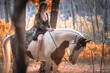 Image of a girl riding a horse in a forest during fall at sunset