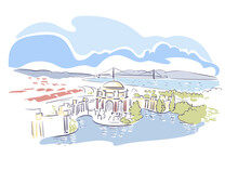 Palace Of Fine Arts San Francisco Usa Vector Sketch City Illustration Line Art Colorful Watercolor Style