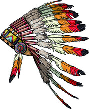 Native American Feather Chief Headdress Vector. Indian Headdress Of Feathers Illustration.