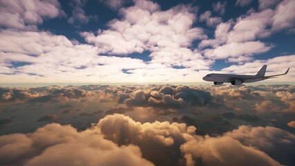 Wall Mural - dramatic scene of an airplane flying from side to side over clouds and ocean with beautiful sunset i