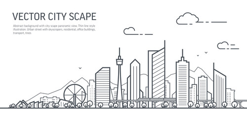 Futuristic cityscape thin line art illustration. Outline future city panorama. Abstract town landscape. Urban skyline with downtown skyscrapers, office buildings, park. Modern architectural exterior